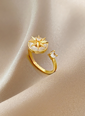 diy可旋转八芒星镶戒指女个性小众计开口戒设时尚气质韩版百搭微