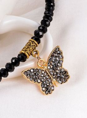 diy气质蝴蝶吊坠颈链时尚黑尖晶