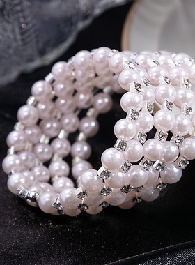 手腕遮疤手链新款网红气质仿珍珠手链女宽排编织弹力珠手镯手腕链