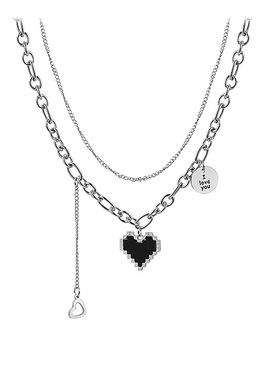 黑色马赛克爱心像素桃心双层项链