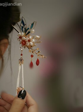 搭配马面裙的汉服流苏发簪配饰盘