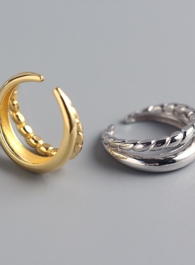 diy女生胖mm家细圈金银色S925纯银几何双层光面麻花潮人戒指指环