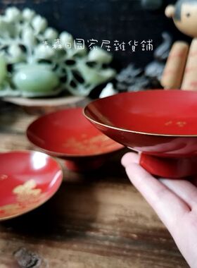 日本回流漆器木胎手绘描金建盏茶碗茶盏茶杯托金莳绘茶器古董收藏