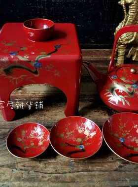 日本回流漆器大漆唐宋建盏茶台戗金工艺茶道红色茶托茶壶描金茶盏