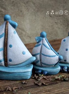 地中海风帆船复古做旧陶土装饰品