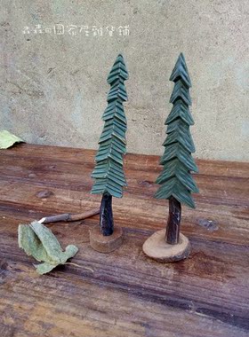 美式乡村复古做旧彩绘仿真小松树娃娃拍摄道具儿童房家居装饰摆件