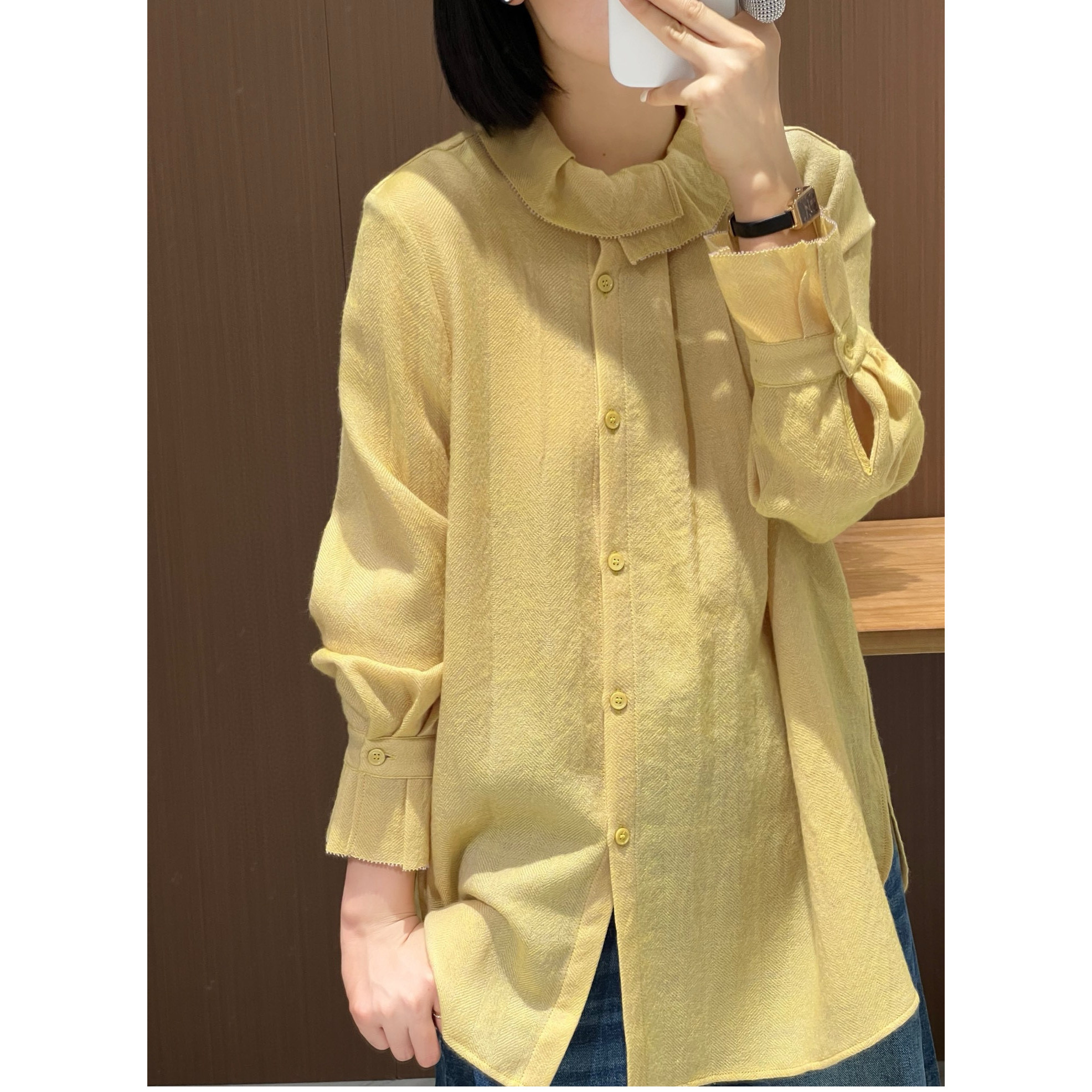 欧洲站2025秋季新款欧货女复古时尚木耳边立领绵羊毛衬衫休闲衬衣,淘宝优惠券,粉丝福利购,淘宝优惠卷