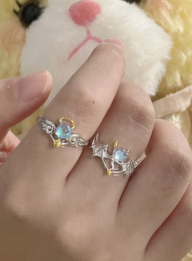 月光石天使与恶魔情侣戒指男女时尚小众设计感百搭开口可调节指戒