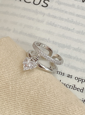 锆石爱心双层开口戒指 时尚轻奢小众设计感食指戒 高级感手饰