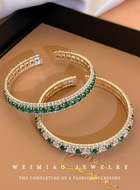 祖母绿方形几何镶钻锆石开口手镯轻奢个性ins手链高级感气质手饰