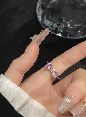粉色蝴蝶结甜美开口可调节戒指女小众设计高级食指戒时尚个性指环