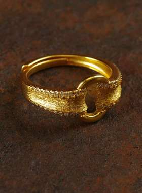 沙金爆款元宝锁扣中古拉丝戒指女2024小众轻奢高级感食指戒指