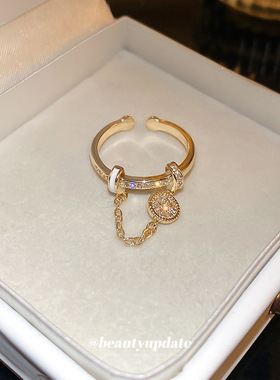 锆石镶钻滴油圆形链条流苏戒指轻奢时尚设计感百搭开口食指戒