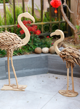 手工火烈鸟客厅装饰摆件木质北欧