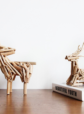 木质创意手工鹿摆件玄关桌面软装