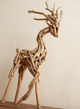 纯手工实木侘寂风鹿摆件桌面招财