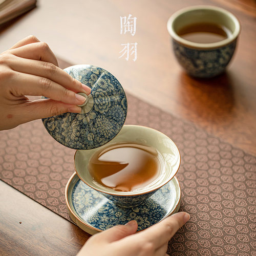 老陶泥青花斗笠三才盖碗高端功夫茶具陶瓷家用单个大号敬茶泡茶碗 - 图0
