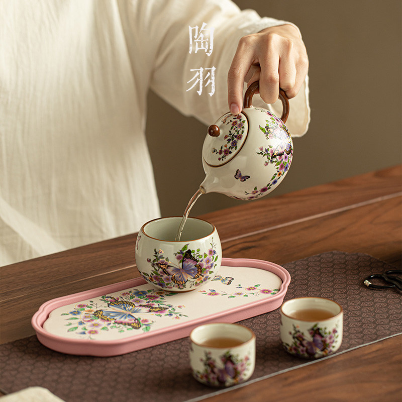 仿宋汝窑春丛蝶影一壶三杯泡茶小套组家用陶瓷茶壶茶杯功夫茶具,淘宝优惠券,粉丝福利购,淘宝优惠卷