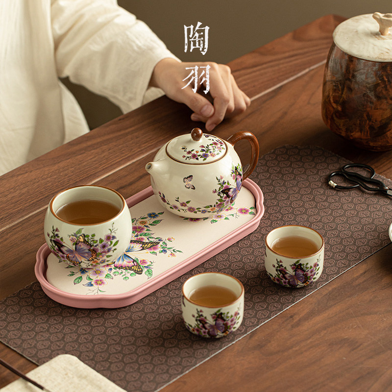 仿宋汝窑春丛蝶影一壶三杯泡茶小套组家用陶瓷茶壶茶杯功夫茶具,淘宝优惠券,粉丝福利购,淘宝优惠卷