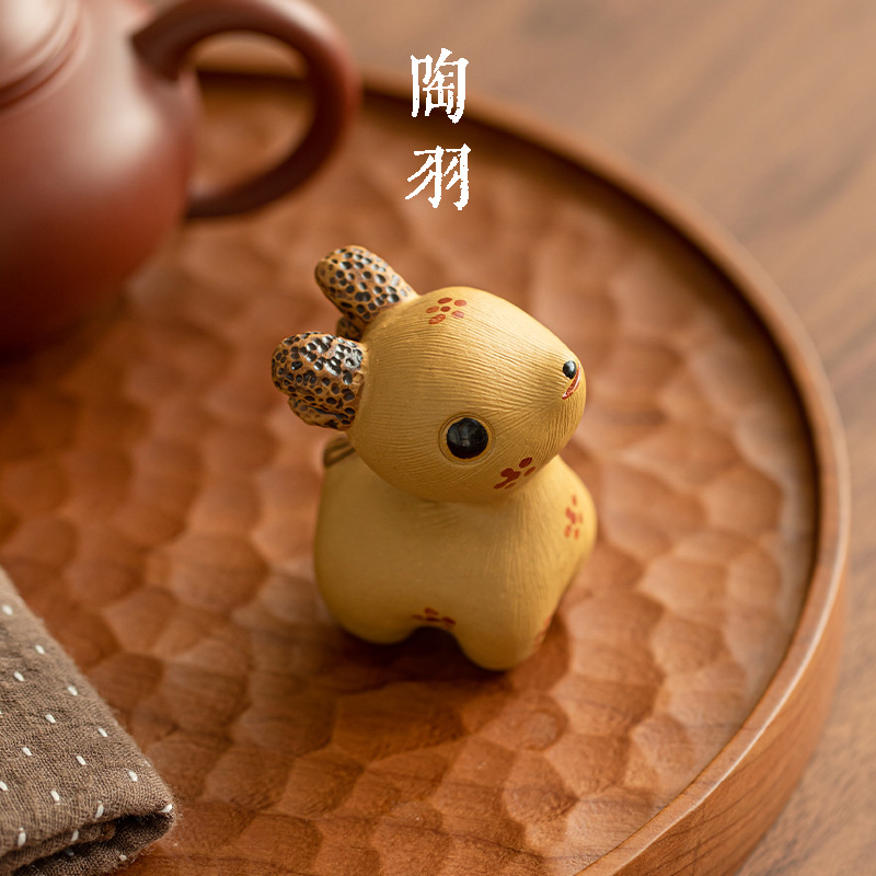 紫砂黄段泥梅花鹿茶宠盖置摆件精品可养招财可爱家居手工艺品茶玩
