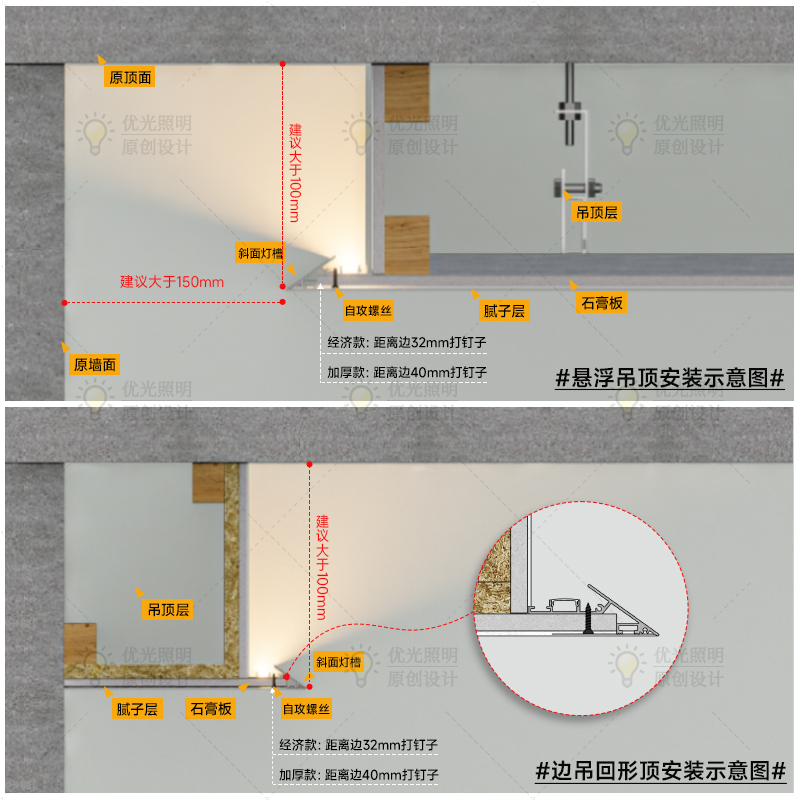 薄如蝉翼斜面悬浮吊顶反光灯槽嵌入式铝合金超薄回光斜面灯槽型材-图2