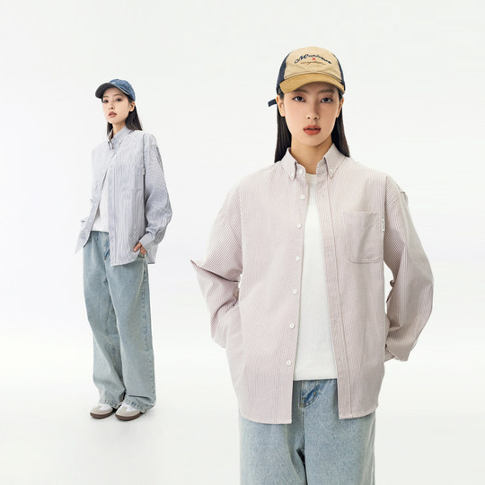 MANNSTU 日系休闲条纹长袖衬衫女 情侣装复古刺绣衬衣上衣外套男