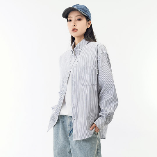 MANNSTU 日系休闲条纹长袖衬衫女 情侣装复古刺绣衬衣上衣外套男