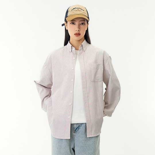 MANNSTU 日系休闲条纹长袖衬衫女 情侣装复古刺绣衬衣上衣外套男