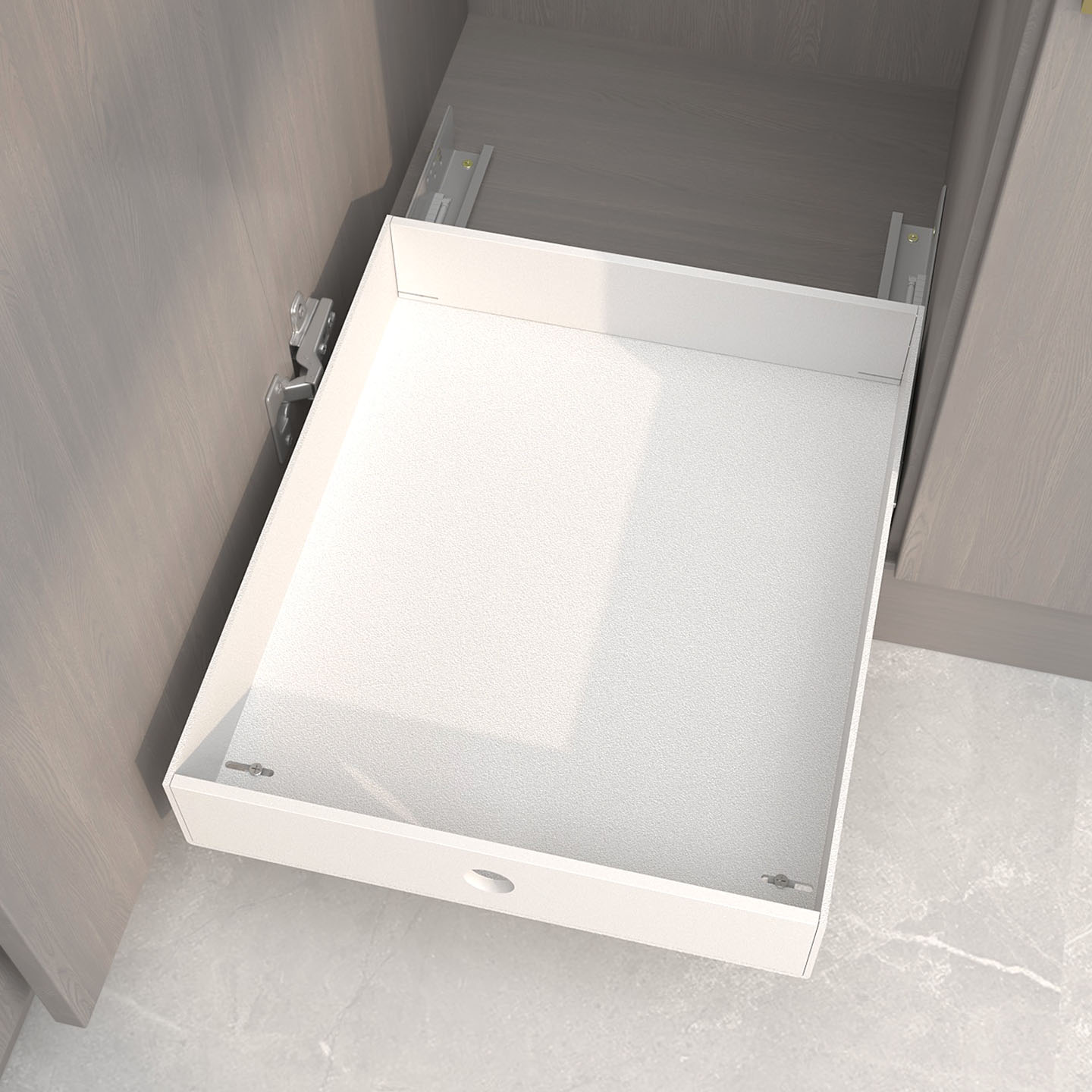 All-white kitchen cabinets with deep cabinets remodeled with basket drawers