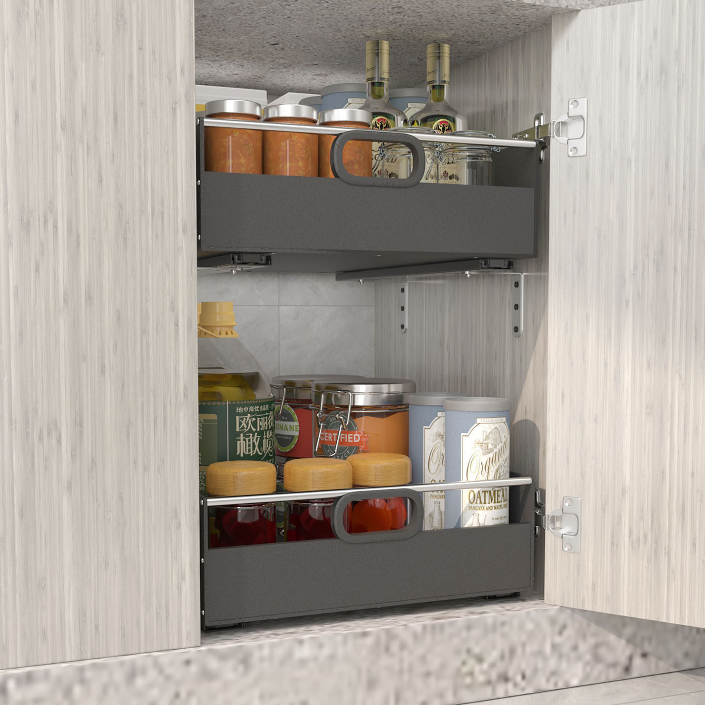 新款黑色加高抽屉拉篮带滑轨厨房收纳托盘橱柜改造收纳箱环保PP板 - 图1