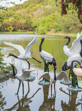 假山鱼池造景仿真丹顶鹤雕塑摆件