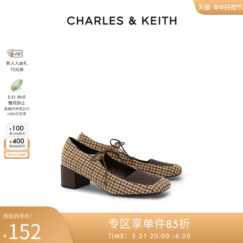 CHARLES&KEITH春夏女鞋CK1-60361366女士蝴蝶结拼接鞋面方头单鞋