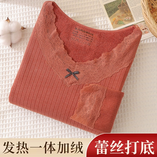 Удерживающее тепло флисовое кружевное нижнее белье, шелковый приятный телу базовый свитер, зимнее термобелье, увеличенная толщина, в обтяжку