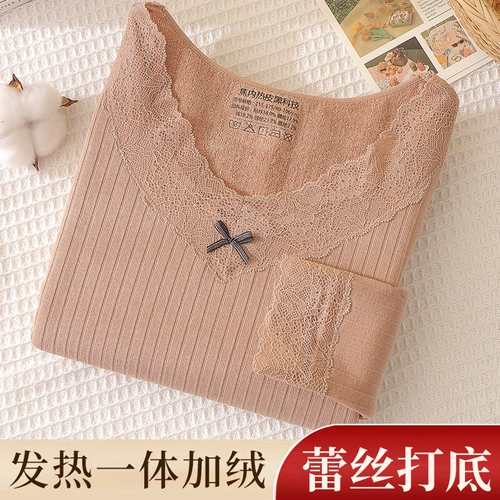 Удерживающее тепло флисовое кружевное нижнее белье, шелковый приятный телу базовый свитер, зимнее термобелье, увеличенная толщина, в обтяжку