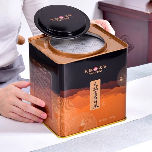 天福茗茶贡眉白茶 福鼎贡眉白茶 方形铁罐装 茶叶礼盒300g - 图1