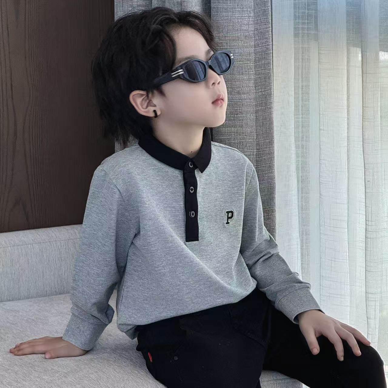 男童polo衫2025新款儿童春秋翻领长袖T恤中大童灰色休闲上衣帅气,淘宝优惠券,粉丝福利购,淘宝优惠卷