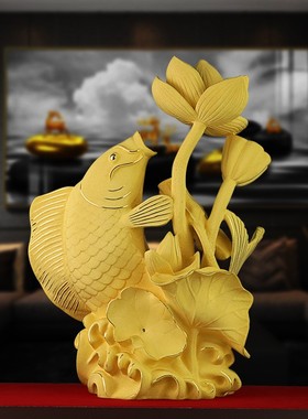 年年有余摆件 绒沙金黄金金属工艺品办公室家居开业礼品莲年有鱼