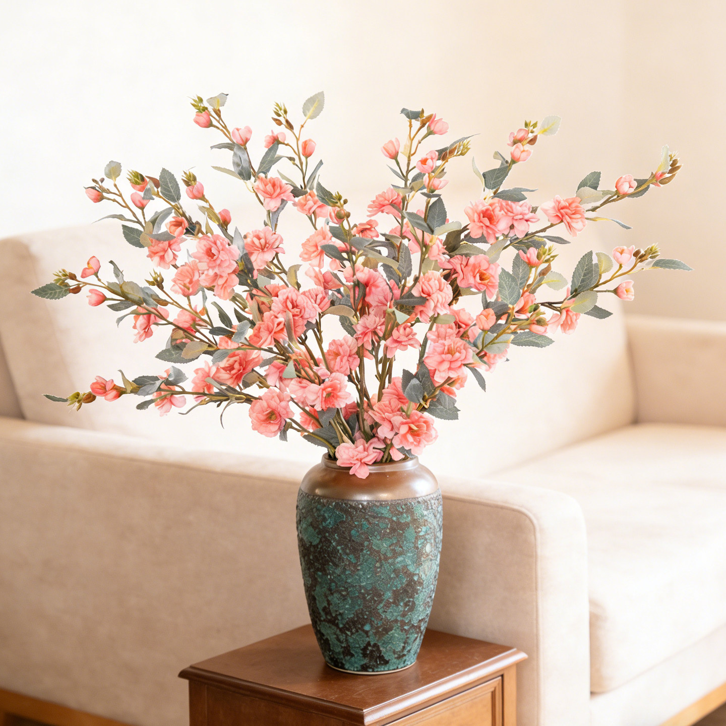 单枝山茶花 高端中式仿真花假花干花束饰摆件客厅电视柜玄关餐桌,淘宝优惠券,粉丝福利购,淘宝优惠卷