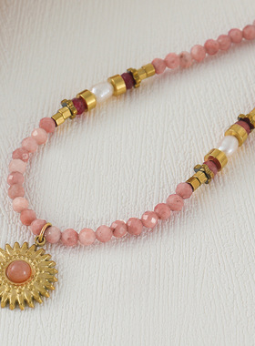 英国cherry kitty粉色石手工串珠项链太阳花爱心吊坠锁骨链多