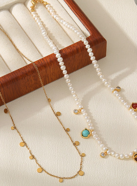 英国cherry kitty法式优雅淡水珍珠项链叠戴多吊坠蓝松石秋冬