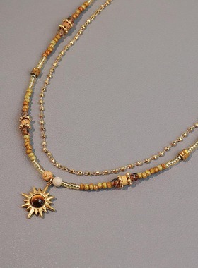 英国cherry kitty复古风虎眼石捷克珠串珠项链黄铜保色太阳花吊