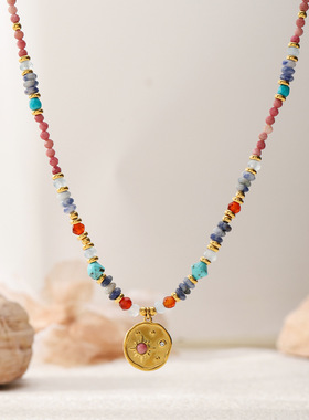 英国cherry kitty蔷薇 太阳花吊坠石串珠颈链 复古红玛瑙红纹钛