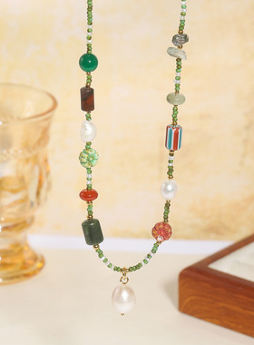 英国cherry kitty清新田园风绿色民族风项链 石串珠淡水珍珠吊坠