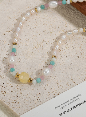 英国cherry kitty清新甜美彩色淡水珍珠串珠项链高级石多巴胺