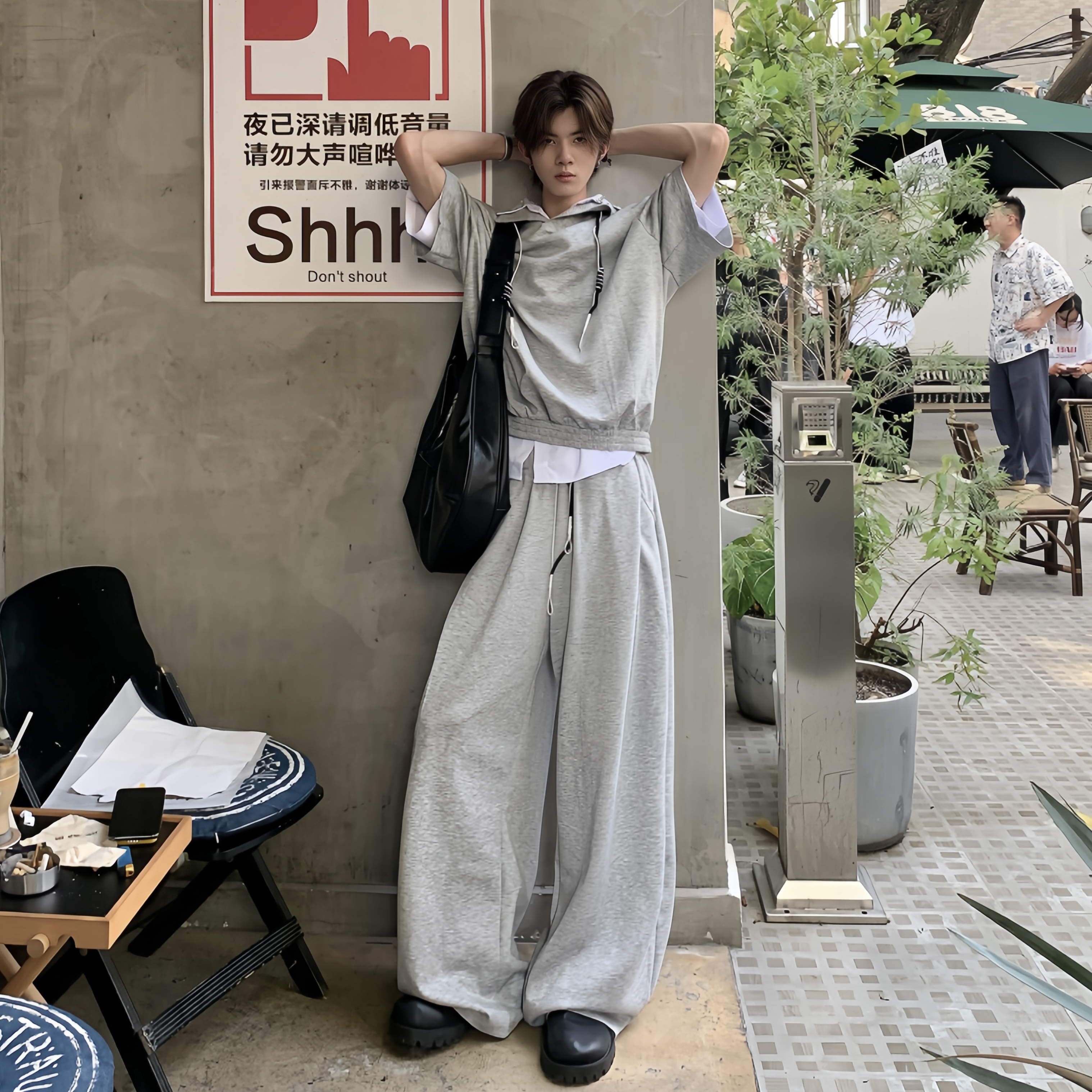 Med老叔 原创韩版简约抽绳POLO衫卫衣套装拖地直筒宽松休闲裤男潮 - 图1