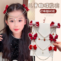 Butterfly Knot Hairpin Girl Forehead Chain New Year Head Accessories Red Plush Hair Card Baby to clip children New Years hair