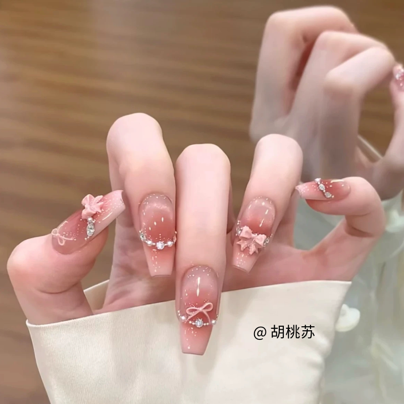 温柔纯手工蝴蝶结少女美甲穿戴高级爆闪甜美猫眼显白法式中长款,淘宝优惠券,粉丝福利购,淘宝优惠卷