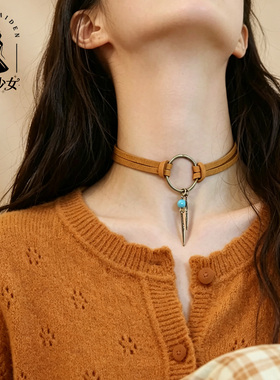 波西米亚氛围感棕色皮绳choker