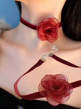 2025新项圈女颈带蕾丝黑色复古项链轻奢小众酒红丝绒山茶花锁骨链