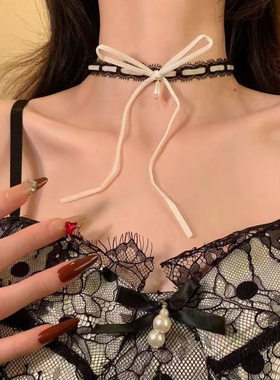 红色黑色丝绒蕾丝珍珠choker颈链